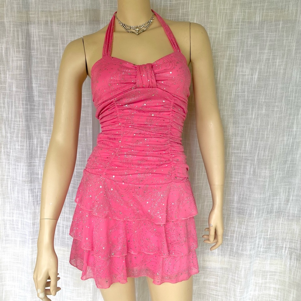 y2k glitter club party barbiecore mini dress with tiered skirt, halter tie top